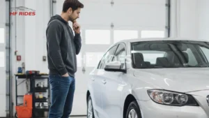 A man in a grey hoodie stands in a garage, looking thoughtfully at a silver car while wondering how often he should get an alignment.