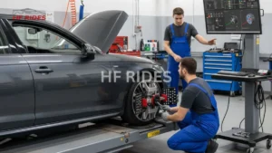 Two mechanics in blue overalls perform a professional wheel alignment on a grey car. The vehicle is on a specialized lift, and a mechanic is attaching laser sensors to the front tire while his colleague monitors a digital screen displaying alignment data.