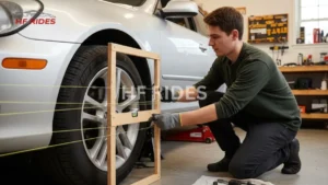 A man kneels in a home garage, using a wooden frame and yellow string to perform a DIY wheel alignment on a silver car.