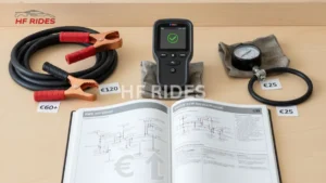 A book, manual, and tools are arranged on a table, with a BMW E46 dashboard displaying multiple warning lights in the background. - Tools & Costs — What You Might Need to reset dashboard lights on bmw
