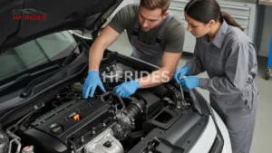 Two men and a woman collaboratively working on a car engine in a garage setting. - Lights on Dash Whenever It’s Cold Outside
