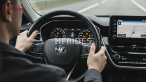 Man driving a Toyota Corolla Hybrid on a highway, showcasing a modern vehicle in motion. - dashboard warning symptoms Toyota
