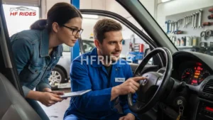 Two individuals repairing a car inside a garage, surrounded by tools and equipment.