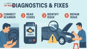Image of a mechanic diagnosing car issues with tools and equipment in a garage setting. - 