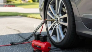 A red portable air compressor inflates a car tire on a driveway. The scene conveys practicality and maintenance with a clear sky and green grass.