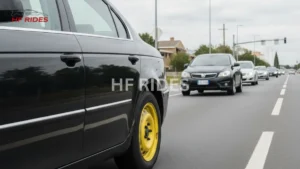 Black car driving on a road with a yellow compact temporary spare tire installed.