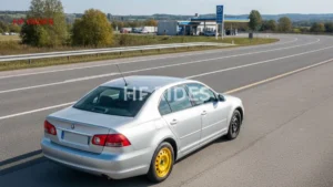 Silver car with yellow spare tire on a road with a service station in the distance.
