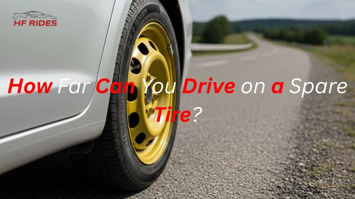 Yellow temporary spare tire on a car parked safely on the side of a rural road. - How far can you drive on a spare tire