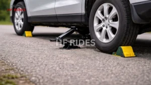 A parked car with a yellow wheel chocks and a misaligned jack