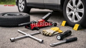 A car tire jack alongside tire repair tools and a car tire, arranged on a flat surface for easy access during repairs. - how to change a tire