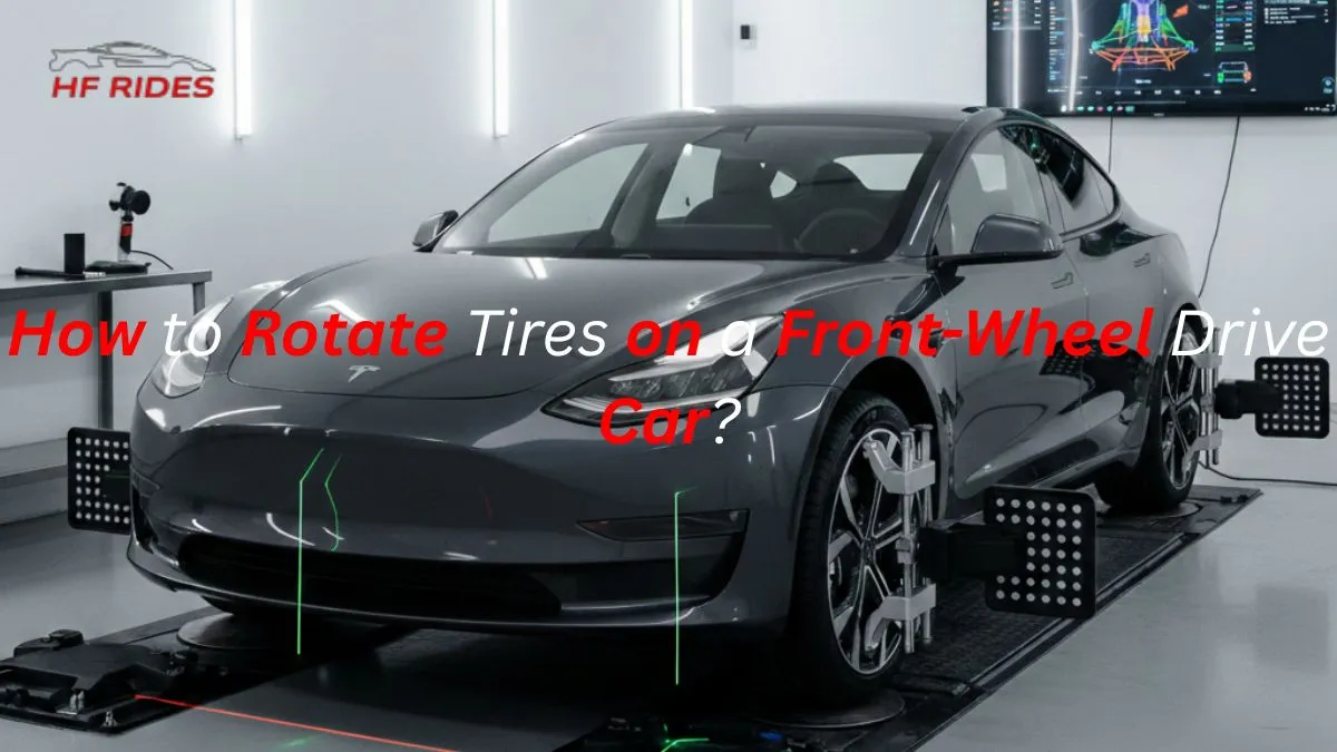 Grey car wheel alignment and tire rotation process in a modern garage. - How to rotate tires on a front wheel drive car