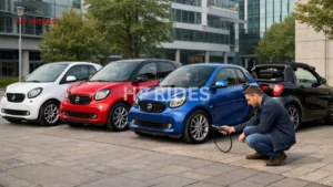 Smart car charging station with various models parked while their tire pressure is being checked. - What is the Tire Pressure for a Smart Car