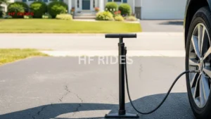 A tire pump is connected to a car tire on a sunny suburban driveway. The background shows a green lawn and a house, conveying a calm residential setting. - Can you pump a car tire with a bike pump