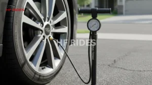 Bike pump connected to a car tire for demonstration purposes