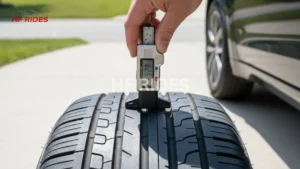 A person measures a tire's tread depth with a gauge while standing beside a parked car.