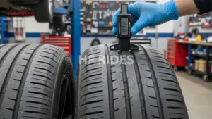 A person measuring tire tread depth with a specialized device, ensuring safe tire performance and road grip.