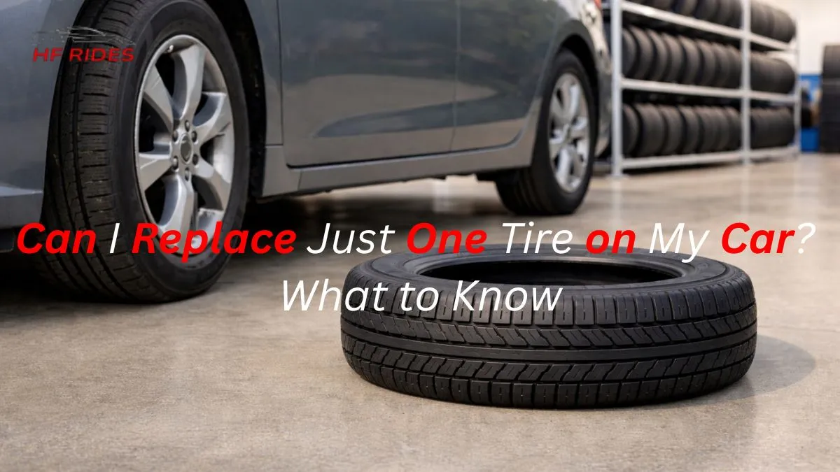 Image of a car tire with text asking if one tire can be replaced, highlighting key considerations for tire replacement. - Can I replace just one tire on my car