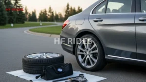 A silver car is parked on a road with a tire and tools on a white cloth beside it. Trees in the background suggest a serene, outdoor setting.