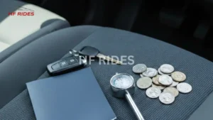 Car seat with scattered items: car keys, a car manual, coins, and a tire pressure gauge. The setting conveys a casual, everyday mood.