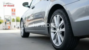 Close-up of a sleek silver car's side and tire at a gas station, conveying modernity and readiness.