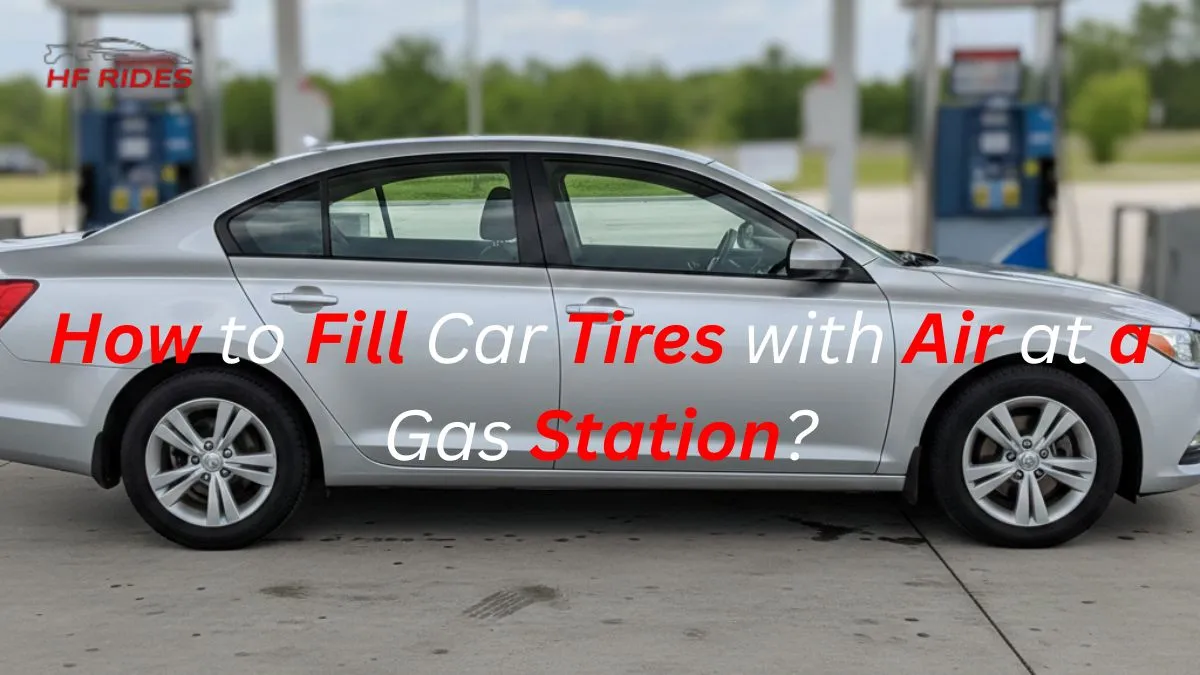 Silver sedan parked at a gas station, Gas pumps and greenery in the background. - How to Fill Car Tires with Air at a Gas Station?