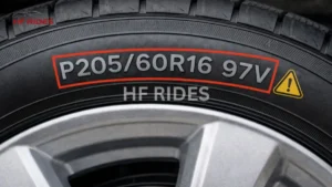 A close-up of a tire displaying the specifications P205/60/16/VV on its sidewall.